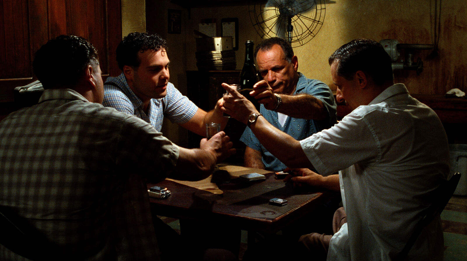Left to right: Michael Rispoli (as Nicky Falconetti), Vincent D'Onofrio (as Joseph Santangelo), Victor Argo (as Lino Falconetti), and Joe Grifasi (as Frank Manzone)  in Nancy Savoca's 1993 classic, HOUSEHOLD SAINTS, based on a novel by Francine Prose, script by Richard Guay and Nancy Savoca. HOUSEHOLD SAINTS has been digitally restored and remastered by Lightbox Film Center at University of the Arts (Philadelphia) in collaboration with Milestone Films with support from Ron and Suzanne Naples. Thank you to Nancy Savoca and Rich Guay, Ira Deutchman, Maggie Renzi, the UCLA Film & Television Archive, and Phil Hallman, University of Michigan Screen Arts Mavericks & Makers Collections. Restoration Supervisor: Ross Lipman, Corpus Fluxus. Picture Restoration: Illuminate Hollywood. Sound Restoration: Audio Mechanics.